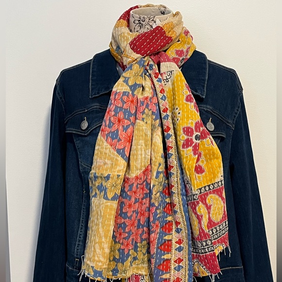 KANTHA SCARF REVERSIBLE TWO SIDED SARI HEAD WRAP DECOR LINEN SARONG - Picture 11 of 11